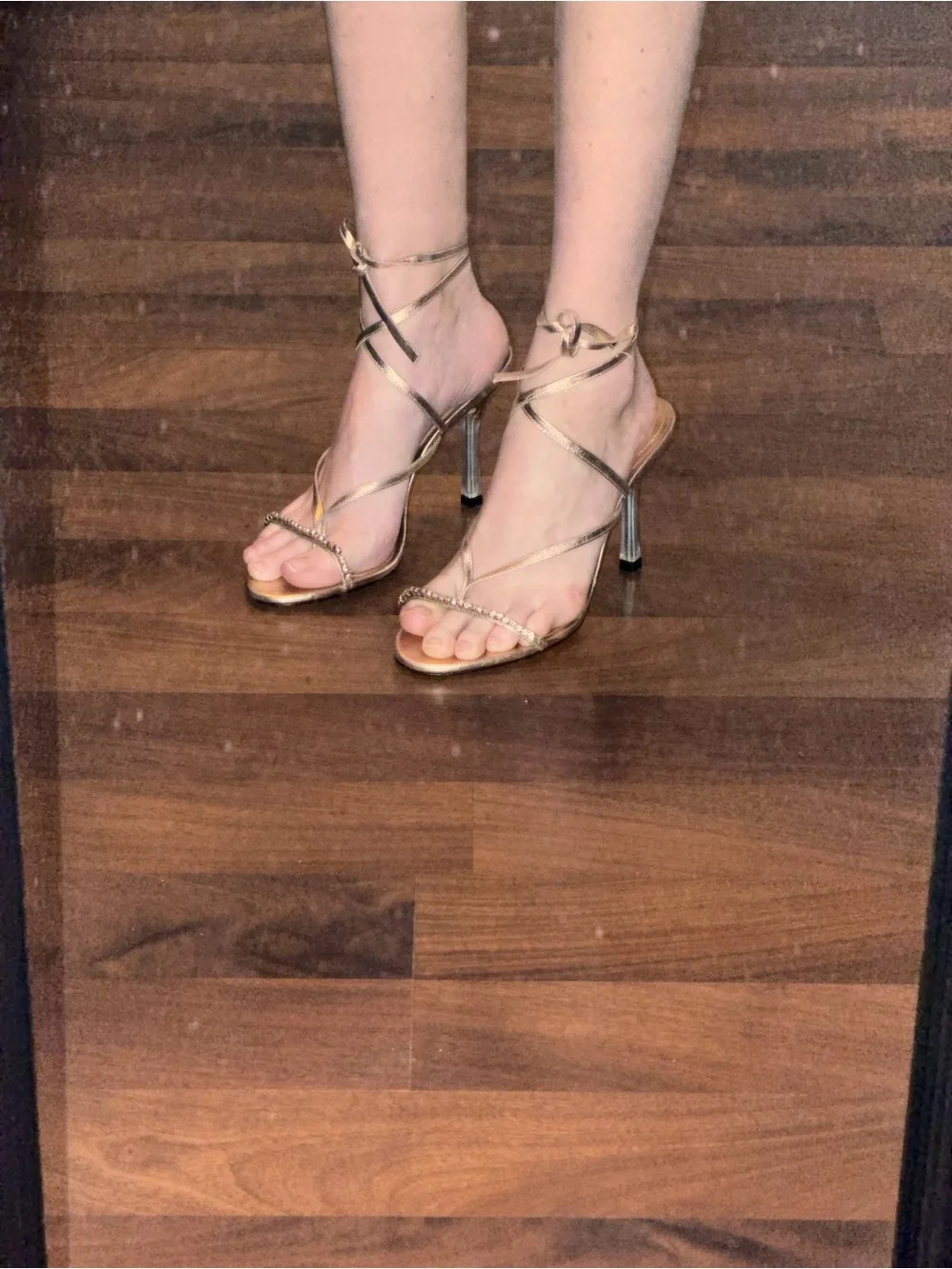 SCHUTZ Metallic Gold Strappy Stiletto Sandals with Ankle Wrap